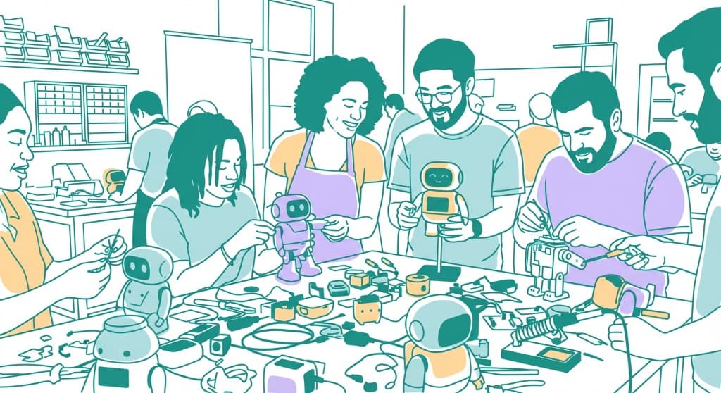 People collaboratively building AI agents together