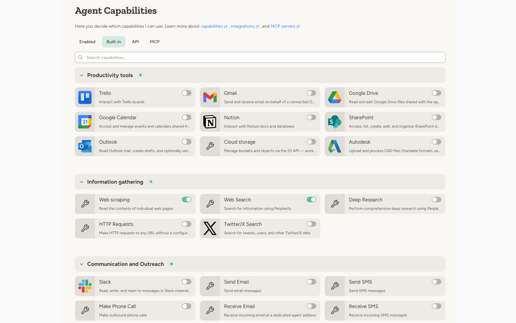 Built-in capability picker showing Productivity tools (Trello, Gmail, Google Drive, Calendar, Notion, SharePoint, Outlook, Cloud Storage, Autodesk) and Information gathering (Web scraping, Web Search, Deep Research, HTTP, Twitter/X)