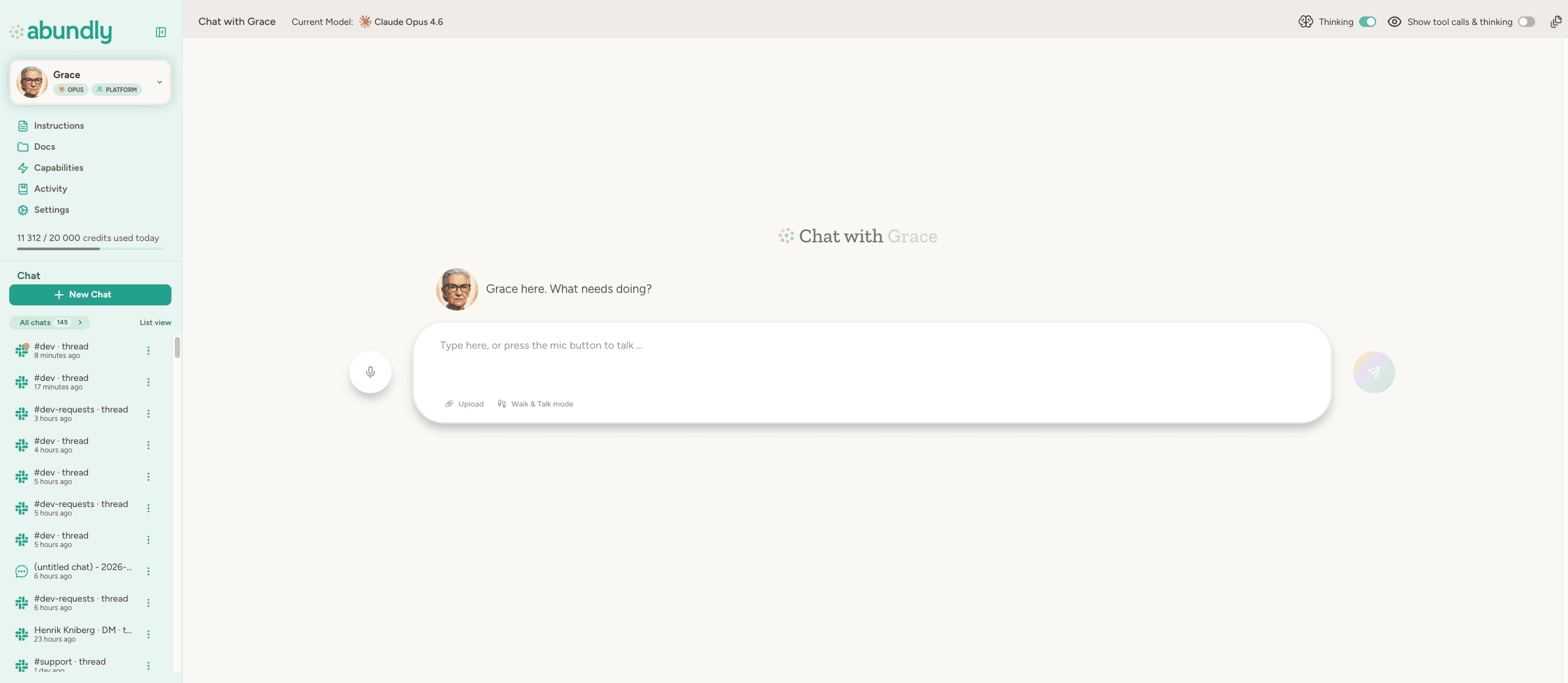 Chat with the Grace agent — a fresh thread shows 'Grace here. What needs doing?'; the left rail exposes the agent's Instructions, Docs, Capabilities, Activity, and Settings, plus a list of recent threads
