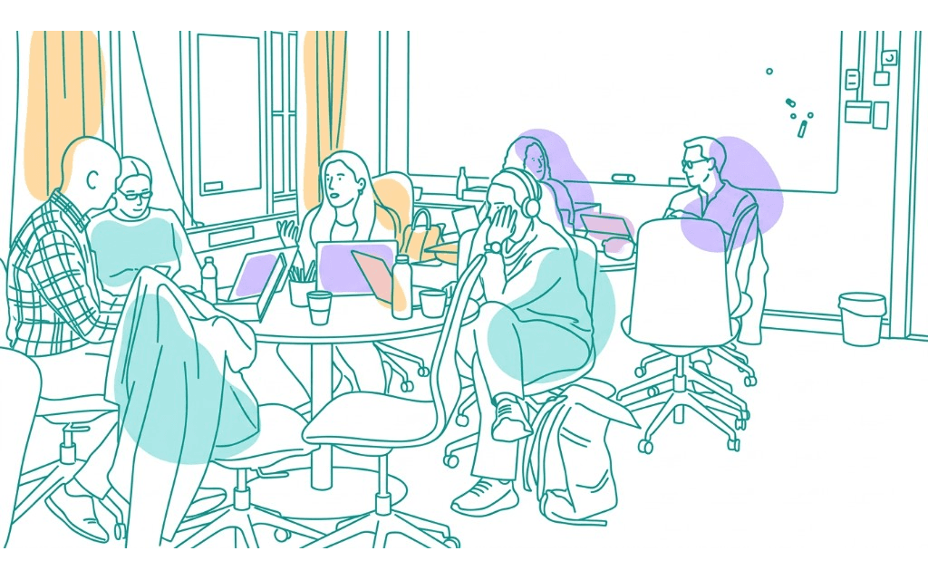 Illustration of a team collaborating around a desk