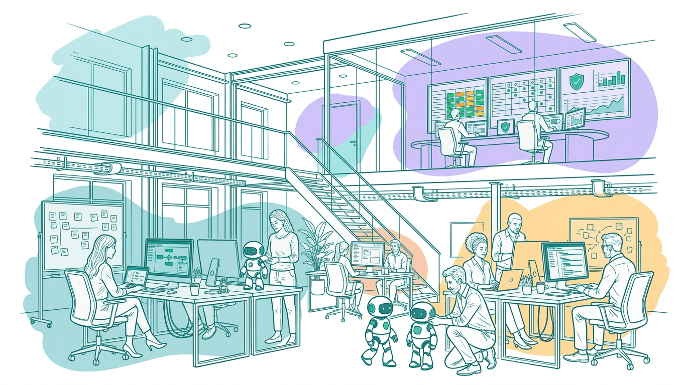 Teams building and governing AI agents across a modern workplace