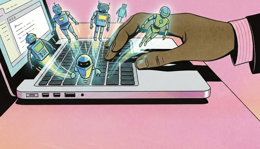 Illustration av en hand som skriver på en laptop medan små AI-agenter kliver fram ur tangentbordet