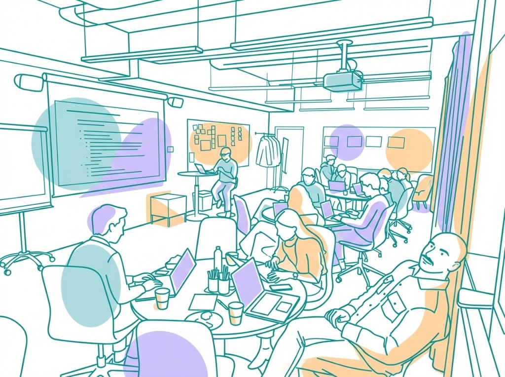 Illustration av ett kursrum med utbildare längst fram och deltagare som arbetar vid bord