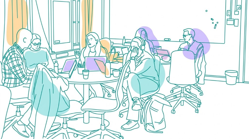 Illustration av deltagare som arbetar tillsammans vid datorer runt ett bord