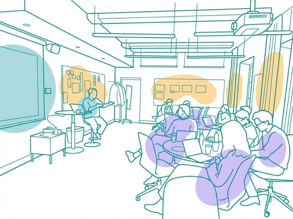 Illustration of a collaborative workshop session with people working together on laptops