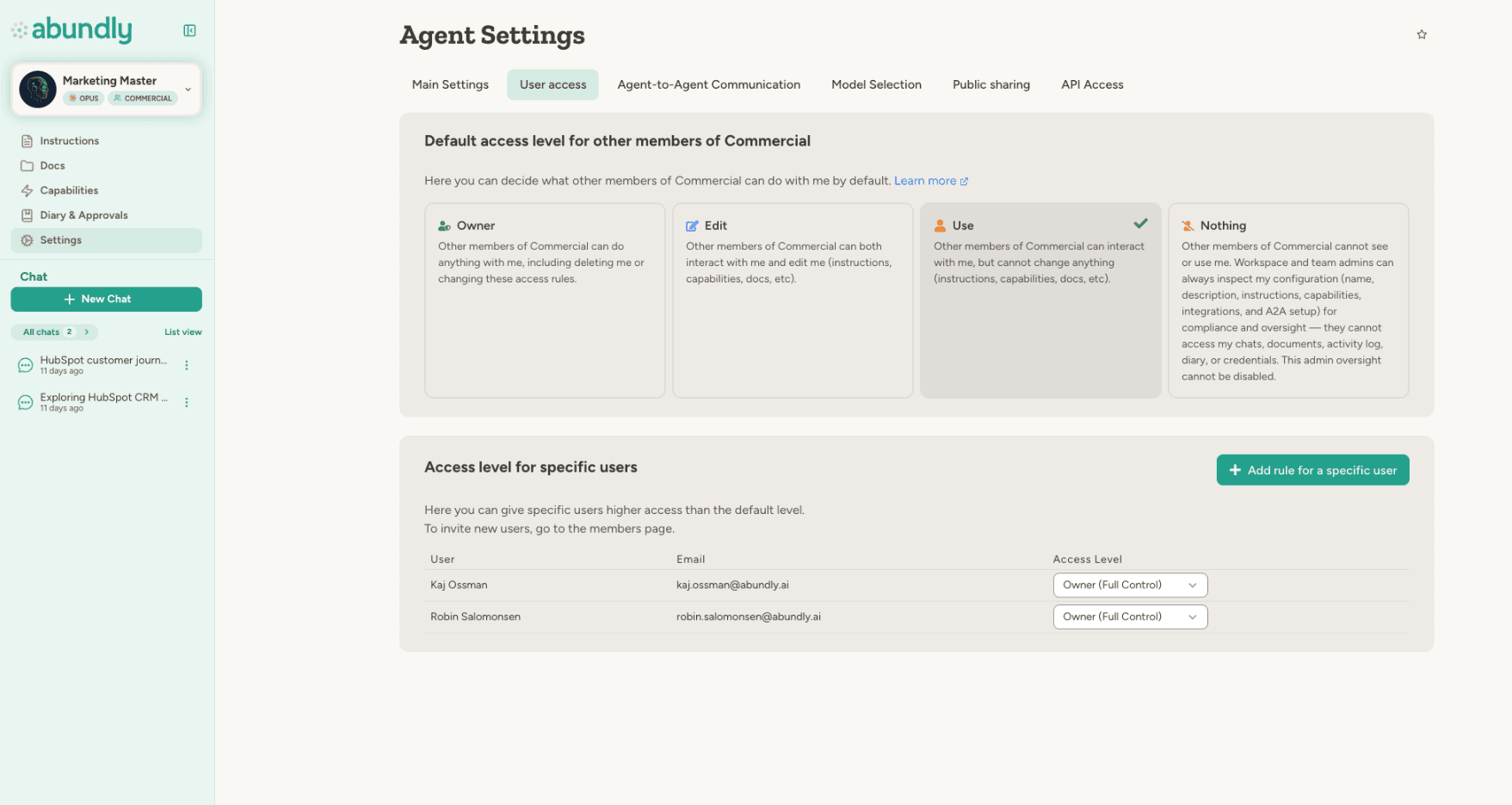 Agent User access settings showing Owner / Edit / Use / Nothing default access plus per-user overrides
