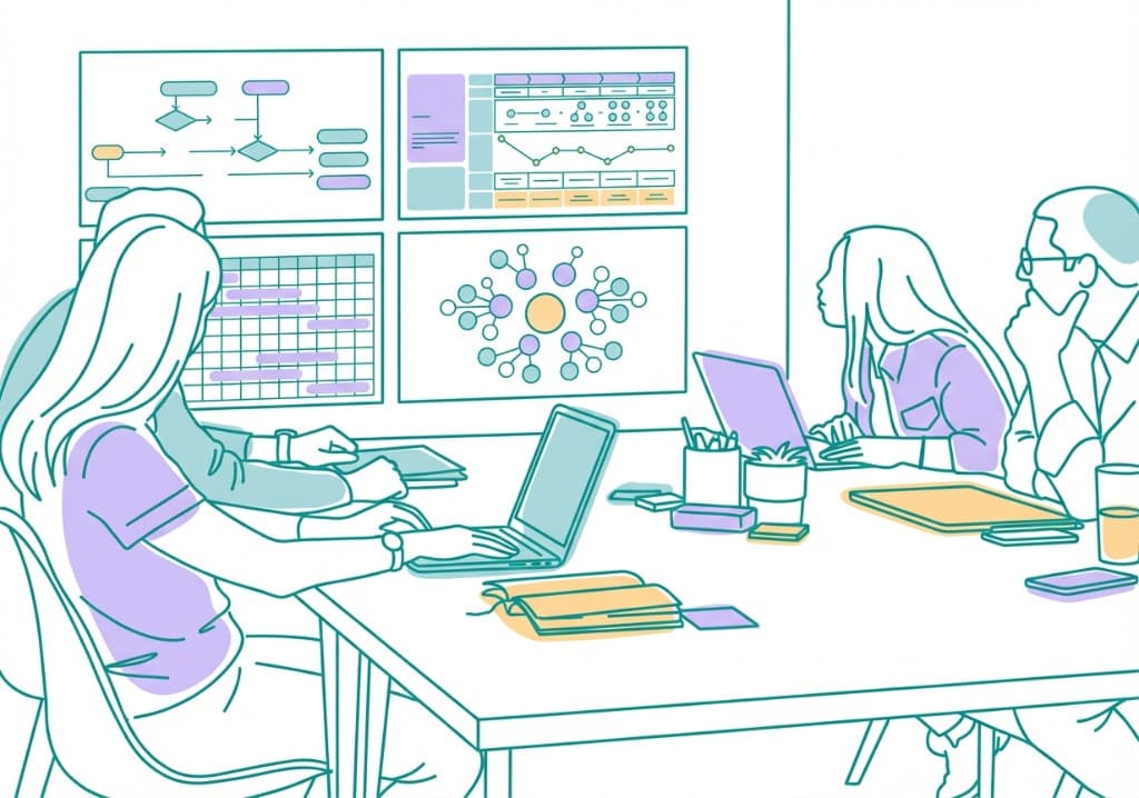 Team collaborating with AI-powered dashboards and workflow diagrams