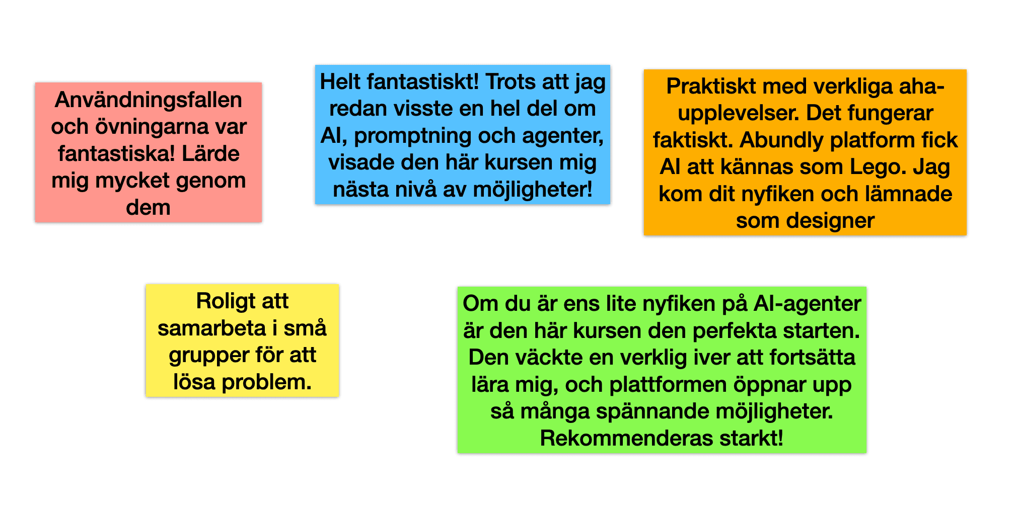 "Helt fantastiskt! Trots att jag redan visste en hel del om AI, promptning och agenter, visade den här kursen mig nästa nivå av möjligheter!"  "Praktiskt med verkliga aha-upplevelser. Det fungerar faktiskt. Er plattform fick AI att kännas som Lego. Jag kom dit nyfiken och lämnade som byggare." "Om du är ens lite nyfiken på AI-agenter är den här kursen den perfekta starten. Den väckte en verklig iver att fortsätta lära mig, och plattformen öppnar upp så många spännande möjligheter. Rekommenderas starkt!"  "Gick från omedvetet inkompetent till medvetet inkompetent."  "Roligt att samarbeta i små grupper för att lösa problem."  "Användningsfallen och övningarna var fantastiska! Lärde mig mycket genom dem."